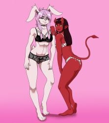 blue_eyes female females_only furry horns meru_(merunyaa) pink_hair red_body succubus tail underwear white_fur yonooshi