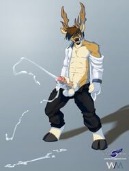 anthro antlers balls cervine clothing cum cumshot deer erection excessive_cum furry horn male male_only masturbation orgasm pants pants_down penis solo uncut wolfblade wuffamute