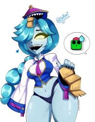 1boy 1girls before_sex blue_hair blue_skin brawl_stars colette_(brawl_stars) female ghost ghost_girl inspector_colette male panties plant smile spike_(brawl_stars) supercell surprised sutori