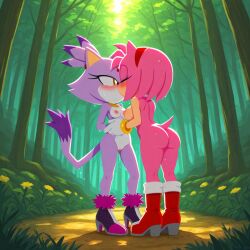 2girls ai_generated amy_rose blaze_the_cat cat_girl forest hedgehog kissing kissing lesbian_kiss princess sonic_(series) sonic_the_hedgehog_(series) yuri