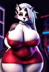 3d anthro anthro_only breasts_bigger_than_head chubby cleavage cleavage_overflow dress female_only furry furry_female furry_focus furry_only giant_breasts hair_over_eye large_breasts long_hair looking_at_viewer loona_(helluva_boss) mature_female nipple_bulge nipple_outline pearl_necklace thick_thighs tight_clothing updo