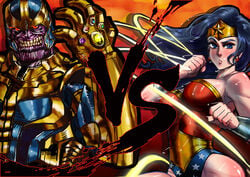 1boy 1girls breasts dc dc_comics female highres infinity_gauntlet male marvel sonparesu thanos wonder_woman wonder_woman_(series)