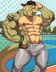 anthro balls bara barazoku boner bulge darknaigart dinosaur erection erection_under_clothes jace_(darknaig) male male_only muscles muscular penis scalie shirtless solo solo_male tyrannosaurus_rex