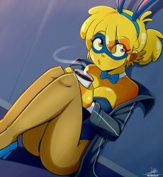 2d 2d_(artwork) big_breasts blowing blue_bowtie blue_bunnysuit blue_heels bow_tie bowtie bunny_ears bunnysuit cartoon_network coffee cute cute_face cyan_heels g-lo_(villainous) heels hot_coffee the_butcher_(artist) villainous yellow_body