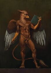 anthro avian book bra1neater genitals gryphon gunther_(oc) hi_res mace male melee_weapon mythological_avian mythological_creature mythology nude penis solo weapon