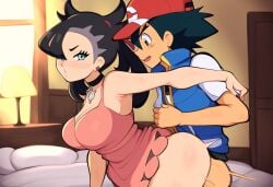 1boy 1boy1girl 1girls ai_generated alternate_breast_size bed bedroom duo female large_breasts male/female marnie_(pokemon) mosaic_censorship mullon novelai pokemon pokemon_(anime) pokemon_journeys pokemon_ss satoshi_(pokemon) satoshi_(pokemon) straight straight