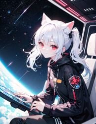 ai_generated cat_ears catgirl city_background cockpit elite_dangerous ember_paradox female jumpsuit ponytail red_eyes self_upload sfw side_ponytail solo solo_female solo_focus space virtual_youtuber vtuber vtuberfanart white_hair