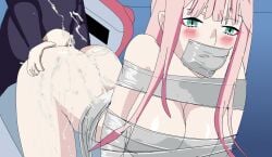 1boy anal anal_insertion anal_sex anal_sex blush blush cum cum_in_ass cum_on_body darling_in_the_franxx female nude straight straight_sex tape tape_bondage tape_gag taped_mouth zero_two_(darling_in_the_franxx)