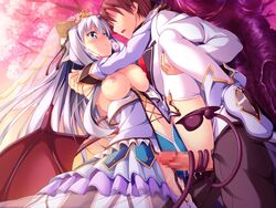 1boy asteel_runastia blue_eyes breasts brown_hair censored cherry_blossoms dress erect! female game_cg long_hair nipples penis piromizu ribbons seifuku short_hair silver_hair sky sunset tail tree wings