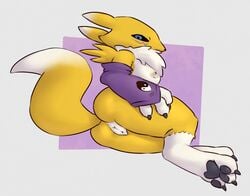 3_toes anthro ass barefoot black_eyes blue_eyes canine claws digimon female fox fur gloves long_ears lying nude on_side pawpads paws plain_background ponchuzn purple_background purple_fur pussy renamon shadow sharp_claws solo toe_claws white_background white_fur yellow_fur