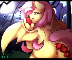 2013 anthro anthrofied anus apple equine female fluttershy_(mlp) friendship_is_magic fruit fur hair holding horse long_hair looking_at_viewer mixipony my_little_pony outdoors pegasus pink_hair pony pussy saliva solo straight_hair wings yellow_fur