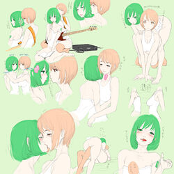 2girls alternate_hairstyle bass_guitar female foreplay green_eyes green_hair grooming happy hug imminent_kiss kissing looking_at_viewer meiko multiple_girls neck_kiss romp slice_of_life takai vocaloid yuri