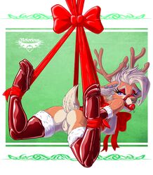 ass ball_gag blonde_hair blue_eyes bondage boots bound breasts cervine ear_piercing female gag hair high_heel_boots high_heels horn lingerie notorious84 piercing pussy reindeer ribbons solo tan_fur