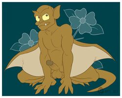 anti_dev balls disney erection fangs flower gargoyles kneeling lexington_(gargoyles) male male_only penis smile solo testicles wings yellow_eyes