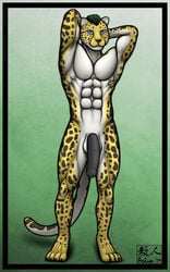 1boy 2014 4_toes abs anthro aolun aolun_(artist) balls biceps big_balls big_penis black_fur black_hair body_markings cheetah digitigrade feline fur green_eyes green_hair hair hindpaw humanoid_penis king_cheetah looking_at_viewer male male_only mammal markings muscles nude paws pecs penis plain_background pose solo spots toes toned uncut vein white_fur yellow_fur