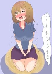 1girls @_@ blush breasts brown_hair female hand_between_legs izu95 large_breasts omorashi one_eye_closed onomatopoeia open_mouth original original_character pee_puddle peeing peeing_self puddle purple_skirt seiza shirt short_hair skirt sweat wetting wetting_self