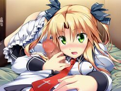 bed blonde_hair blush bow censored erect! female game_cg green_eyes long_hair panties piromizu seifuku skirt thighhighs tiana_jill_lilithtia underwear white_panties