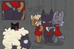 3:2 anthro ass big_butt black_body blush bodily_fluids bovid canid canine canis caprine cinnamoncaker_(artist) clothed clothing cult_of_the_lamb digital_media_(artwork) domestic_cat domestic_dog english_text erection felid feline felis fingering follower_(cult_of_the_lamb) fur genital_fluids group hair hi_res lagomorph lamb_(cult_of_the_lamb) leporid male male/male mammal massive_monster_(studio) multi_eye narinder open_mouth penetration rabbit red_crown_(cult_of_the_lamb) shaded sheep simple_background smile text trio white_body white_fur wool_(fur)
