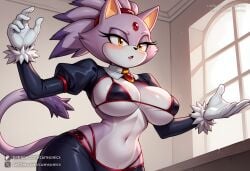ai ai_assisted ai_generated animal_ears animal_nose artist_name bangs bikini blaze_the_cat blush breasts cat_ears cat_girl cat_tail choker colored_skin covered_nipples cumsonics female gloves indoors large_breasts metadata_request model_request navel open_mouth patreon_username purple_hair short_hair smile solo sonic_(series) standing swimsuit tail twitter_username underboob watermark web_address white_gloves window yellow_eyes
