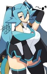 blue_eyes clair_(pokemon) clothing cosplay fully_clothed gym_leader hatsune_miku_(cosplay) light_blue_hair looking_at_viewer mituyota_76 pokemon pokemon_gsc tagme thick_thighs twintails