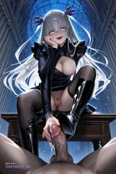1girl ai_assisted ai_generated barasuishou bdsm_room below bent_over big_eyes bootjob cleavage cum cum_on_boots cumshot cute_face detailed_face domination dripping eye_contact femdom focus foreshortening from high_heel_boots highly_detailed leaning_forward legs_apart open_mouth pain perfect_anatomy pov rozen_maiden