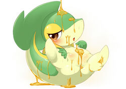 anus blush brown_eyes female feral half-closed_eyes honey lying nintendo nude on_back open_mouth plain_background pokemon pokemon_(species) pussy reptile scalie snake snivy solo tongue ukanmuriman video_games white_background