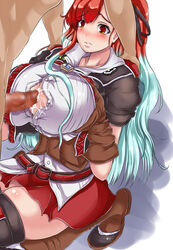 1boy blue_hair blush boots breast_hold breast_squeeze breast_squish breasts censored clothing cum cum_on_breasts female gloves holding_breasts kneeling long_hair multicolored_hair paizuri paizuri_under_clothes penis perpendicular_paizuri ponzu_yuki red_eyes red_hair riela_marcellis sayaka_haore_no_yome shirt side_ponytail skirt solo_focus stockings straight titfuck valkyria_chronicles valkyria_chronicles_3