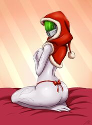 ass bow breasts christmas christmas_outfit darkdragoon grabbing_own_breast grey_skin helmet hood looking_back mask mass_effect quarian sideboob squeezing_breast thick_ass thick_thighs thong uri'danus_nar_bodos