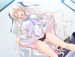 artist_request black_panties blonde_hair blush breasts closed_eyes crotchless dress_lift large_breasts lingerie long_hair masturbation open_mouth pussy_juice saimin_seikatsu uncensored vaginal_insertion vibrator white_hair