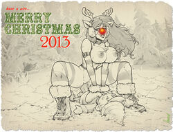 anthro antlers balls big_breasts blush boots breasts cervine christmas clothing cowgirl_position earmuffs elbow_gloves elf english_text female gloves holidays horn hsefra male nipple_piercing nipples penetration penis piercing pussy pussy_juice reindeer rudolph_the_red-nosed_reindeer text vaginal_penetration