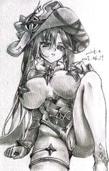 female female genshin_impact hand_drawn mona_(genshin_impact) monochrome pasties pussy traditional_media_(artwork) witch_hat