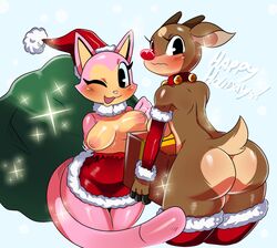 anthro ass bell big_breasts big_butt blush breast_squish breasts cervine christmas feline fur furry hat holidays nipples noodle_(sssonic2) one_eye_closed original_character reindeer rudolph_the_red-nosed_reindeer rule_63 santa_hat sideboob sssonic2 thick_thighs wide_hips wink