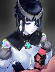 azami_(xenoblade) black_hair blue_eyes blush breasts brooch censored fingernails gloves handjob headband highres jewelry large_breasts long_fingernails mechanical_eye negresco no_nipples penis puffy_sleeves puppet purple_eyes single_glove victorian xenoblade_(series) xenoblade_chronicles_2