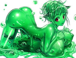 1girls ass breasts bubble chikokuma female female_only goo goo_girl green_hair green_skin monster_girl open_mouth red_eyes shiny slime slime_girl solo