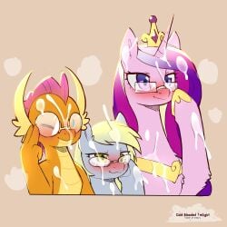 1:1 blonde_hair blush bodily_fluids cold-blooded-twilight cum cum_on_face derpy_hooves dragon equid equine eyewear female feral friendship_is_magic fur genital_fluids glasses grey_body grey_fur group hair hasbro hi_res horn horse mammal multicolored_hair my_little_pony mythological_creature mythological_equine mythological_scalie mythology orange_body orange_scales pink_body pink_fur pink_hair pony princess_cadance_(mlp) purple_hair scales scalie smolder_(mlp) trio unicorn
