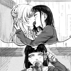 1boy 1femboy 1girls blush call_of_the_night drunk fangs femboy french_kiss french_kissing gradient_hair kissing monochrome nanakusa_nazuna reiquant straight suzushiro_hatsuka tongue tongue_kiss tongues_touching vampire yofukashi_no_uta