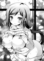 akino_hamo areolae breasts breasts_out female gundam gundam_build_fighters huge_breasts iori_rinko leaning_forward lift long_hair milf monochrome navel nipples no_bra no_panties no_underwear pants pubic_hair puffy_nipples pussy shirt solo standing sweat sweater turtleneck