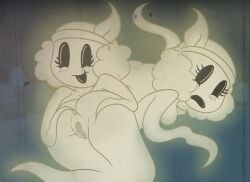anthro ass background_character cemetery cuphead_(character) cuphead_(game) duo female female/female ghost presenting presenting_hindquarters spirit teasing weirdkoaladream