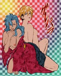 2girls artist_request back_to_back blue_eyes blue_hair breasts female kamina kimono kittan_bachika multicolored_hair multiple_girls pinup red_eyes rule_63 tengen_toppa_gurren_lagann two_tone_hair