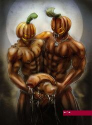 2boys 2monsters bara chain circumcised cum_dripping erect_nipples holding_penis huge_cock looking_at_penis male male_only multiple_males multiple_penises muscles muscular muscular_male nipple_piercing nipple_rings padlock padlock_collar penis penises_touching pumpkin pumpkin_head pumpkin_head_(character) ron56 uncut veiny_penis yaoi