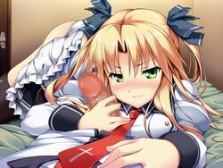 bed blonde_hair blush bow censored erect! female game_cg green_eyes long_hair panties penis piromizu seifuku skirt thighhighs tiana_jill_lilithtia underwear white_panties