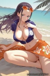 1girls 2025 ai_generated beach black_hair blue_eyes breasts cleavage closed_mouth clothing collarbone covered_nipples crop_top cropped_jacket curvaceous curves eroflow eyewear_on_head female female_only floral_print forehead hair_slicked_back hand_on_own_chest hi_res highres jacket large_breasts long_hair looking_at_viewer nail_polish navel nico_robin nico_robin_(classic) nico_robin_(cosplay) nico_robin_(dressrosa) nico_robin_(egghead) nico_robin_(one_piece) nico_robin_(post-timeskip)_(cosplay) nico_robin_(pre-timeskip) nico_robin_(teenager) nico_robin_(vegapunk) no_panties ocean one_piece one_piece:_egghead_arc one_piece_film_gold one_piece_film_red one_piece_film_strong_world outdoors partially_unzipped patreon pussy sand sarong short_sleeves sitting solo stomach sunglasses uncensored vagina voluptuous voluptuous_female zipper zipper_pull_tab