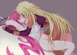 2girls blonde_hair blue_eyes blush bondage bottomless breasts cypha_of_huckebein female female_only fingerless_gloves gloves hair_ribbon kissing long_hair lyrical_nanoha mahou_senki_lyrical_nanoha_force mahou_shoujo_lyrical_nanoha mahou_shoujo_lyrical_nanoha_a's multiple_girls pink_hair ponytail ribbon saliva signum sm318 tied_hair yuri