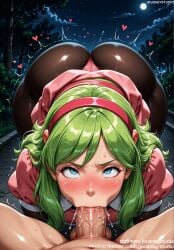 1boy :>= ai_generated all_fours ass bangs blue_eyes blush breasts brianne_de_chateau clothed_female_nude_male clothing cloud dragon_ball dragon_ball_super dragon_ball_z dress fellatio female female full_moon green_hair hairband headwear heart huge_ass jousneystudio large_ass light-skinned_female loli long_hair looking_at_viewer male male_pov moon night oral outdoors panties panties_under_pantyhose pantyhose penis pink_dress pink_hairband saliva sex sky solo_focus straight sweat text thick_thighs thighs tree trembling underwear veins veiny_penis