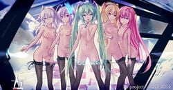 blonde_hair blue_eyes breasts choker green_hair hatsune_miku hc long_hair microphone navel nipples nude pink_eyes pink_hair purple_eyes purple_hair pussy red_eyes short_hair thighhighs tied_hair twintails vocaloid watermark