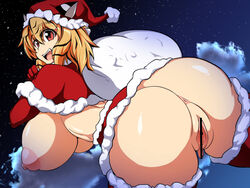 anus areolae ass bag breasts eisen1111 female hat huge_ass huge_breasts nipples open_mouth orange_hair pussy regls santa_hat shiny_skin short_hair smile