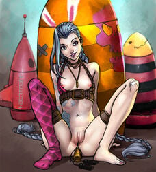 anal anal_dildo anal_insertion asymmetrical_clothes belt blue_hair bra braid breasts bullet clothing female human jinx_(league_of_legends) league_of_legends nachtmahr navel necklace nipples pendant purple_eyes pussy rocket sex_toys sitting small_breasts tattoo twin_braids vaginal_insertion vibrator_in_ass