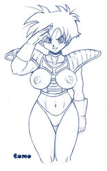 armor breasts dragon_ball dragon_ball_z erect_nipples exposed_breasts female female_only human monochrome nipples panties short_hair solo teenager tomo_(artist) videl