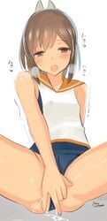 bare_shoulders blush brown_eyes brown_hair female i-401_(kantai_collection) kantai_collection looking_at_viewer masturbation one-piece_swimsuit open_mouth personification ponytail sailor_collar school_swimsuit short_hair short_ponytail solo swimsuit tied_hair udk