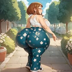 ai_generated forbidden_pants fully_clothed gigantic_ass half-closed_eyes looking_back_at_viewer my_hero_academia ochako_uraraka walking